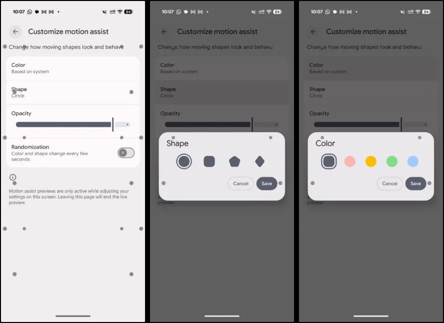 Pixel 11 Pro XL の Motion Assist のカスタマイズ画面
