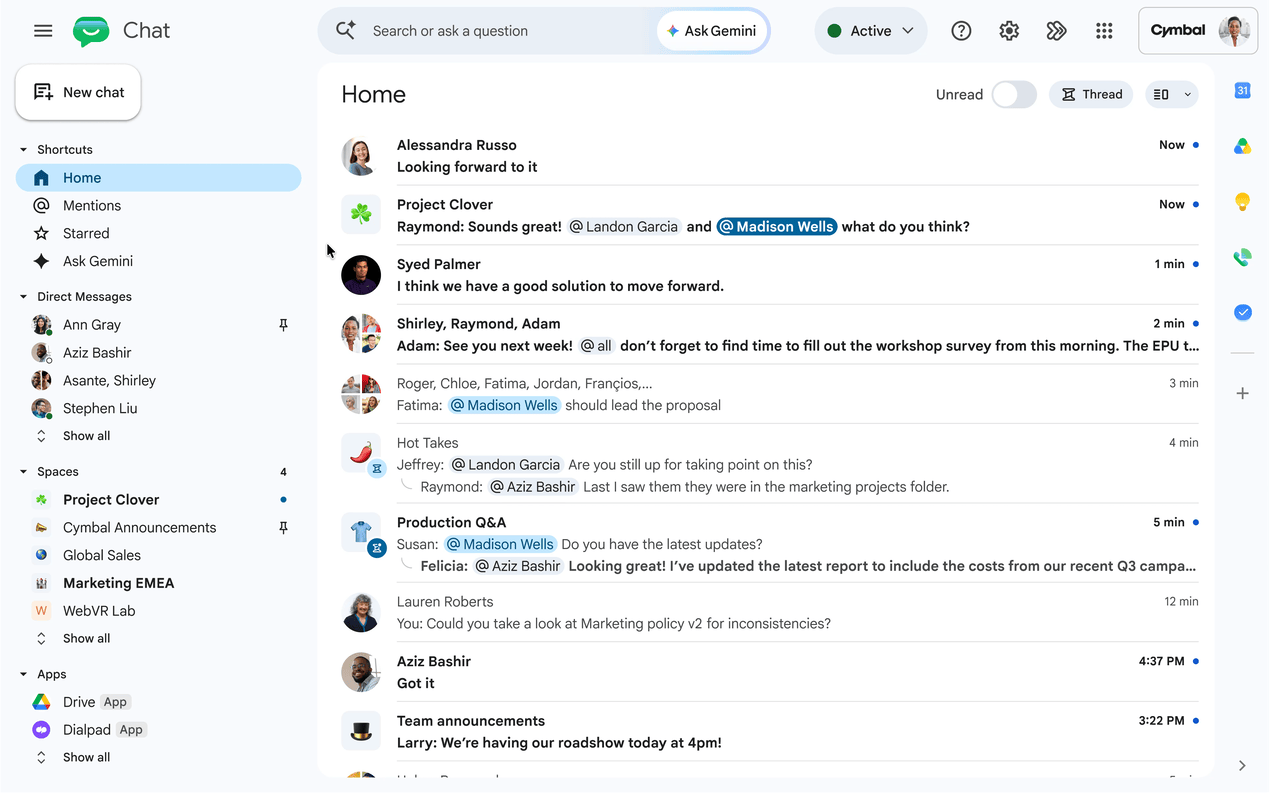 Google Chat で Gemini に相談を利用する画面