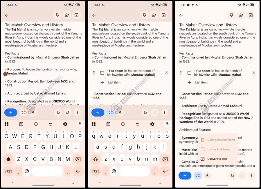 Google Keepのメモ内でテキストとチェックボックスが混在している様子