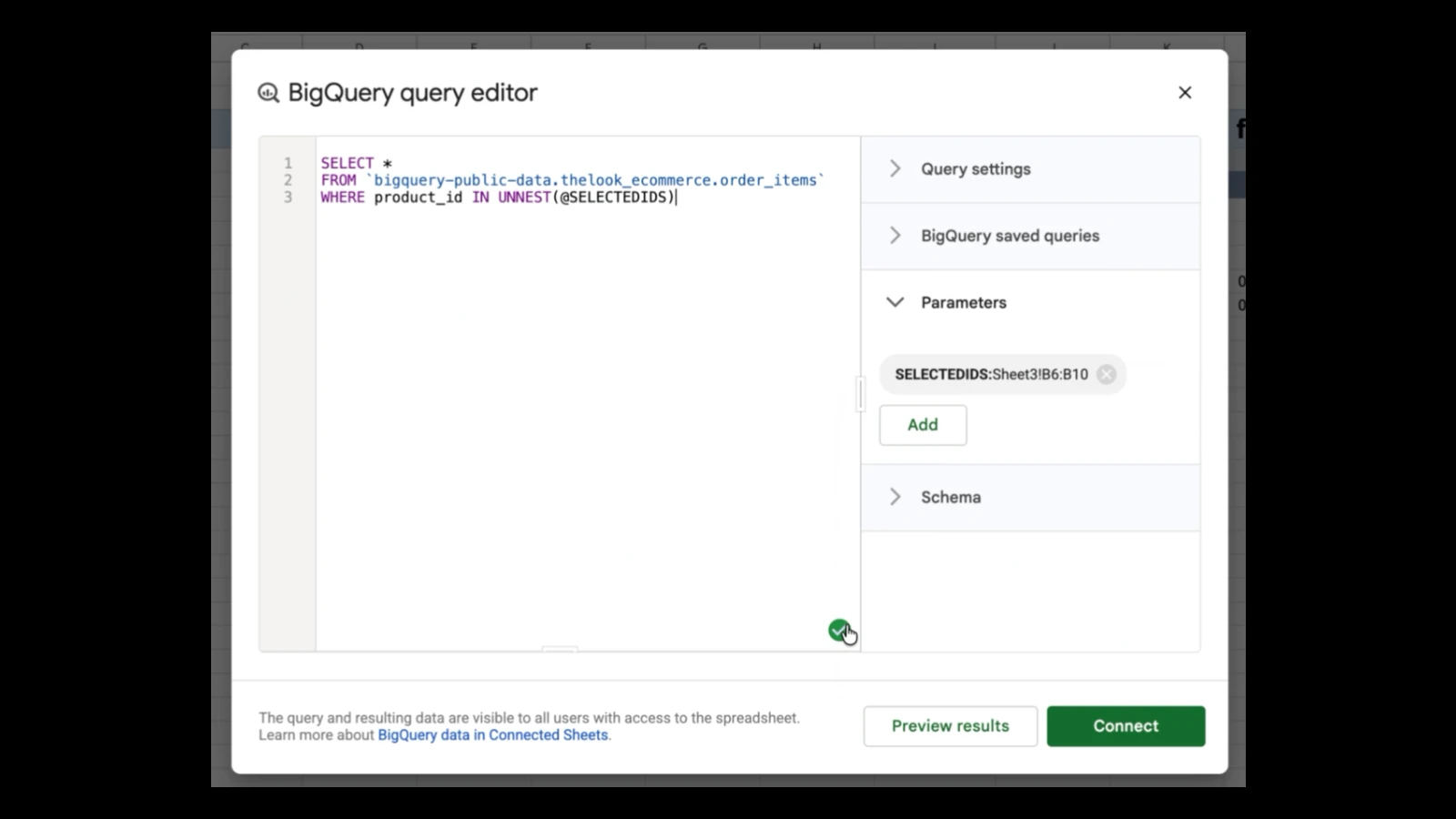 Google スプレッドシートのコネクテッドシート、リストパラメータと列のエイリアス設定に対応