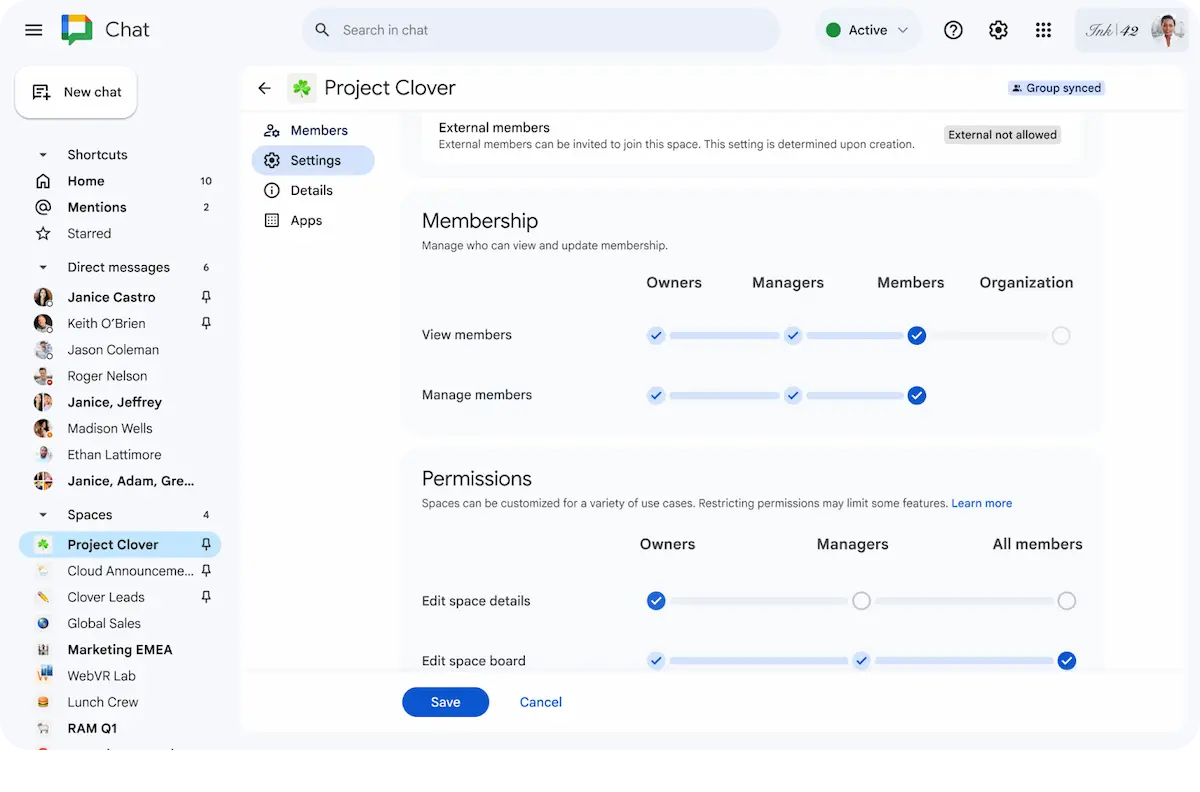 Google チャットのメンバーの表示設定画面