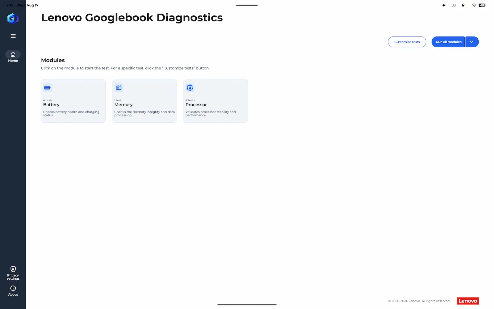 Lenovo Googlebook Diagnostics の診断画面