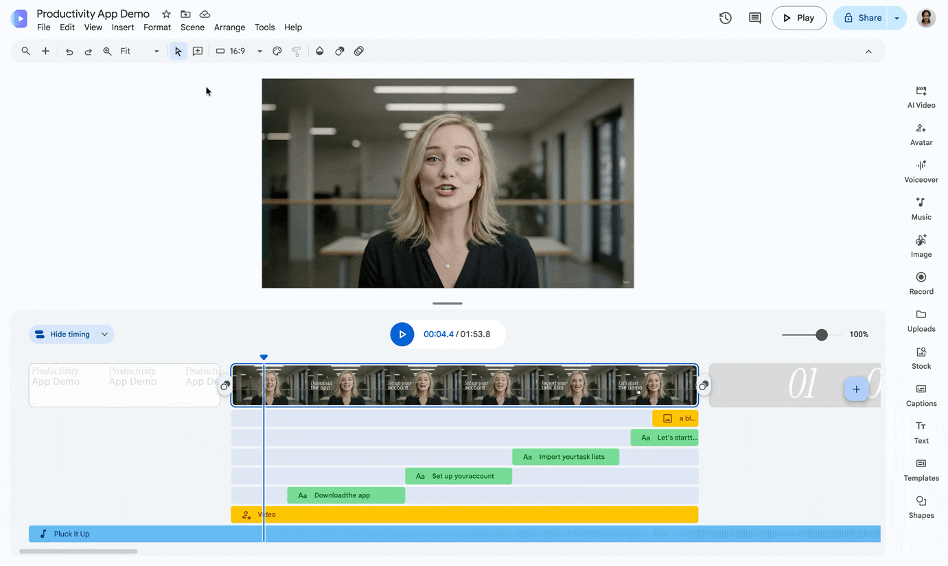 Google Vids のポイントインタイム編集の操作画面